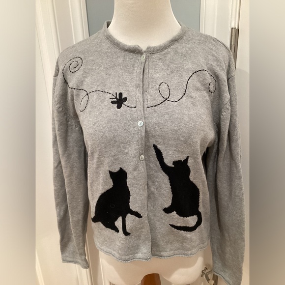 HAND MADE DESIGNER CAT CARDIGAN SWEATER W/ REMOVABLE FUR COLLAR. SZ XL - Picture 4 of 6